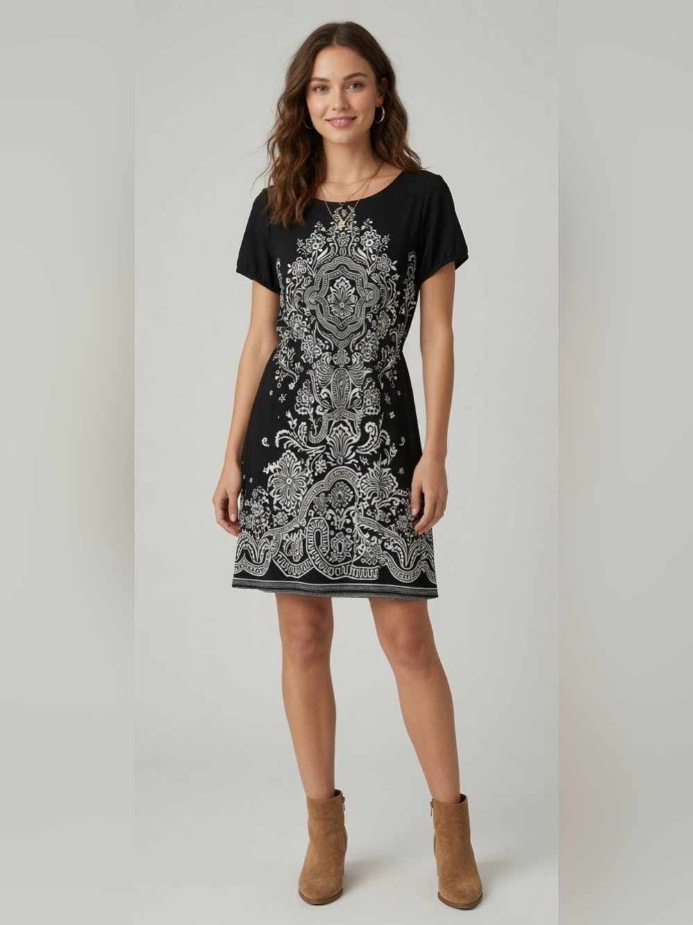 Cute Options Black White Paisley Mandala Print Short Sleeve Dress Tunic Size S